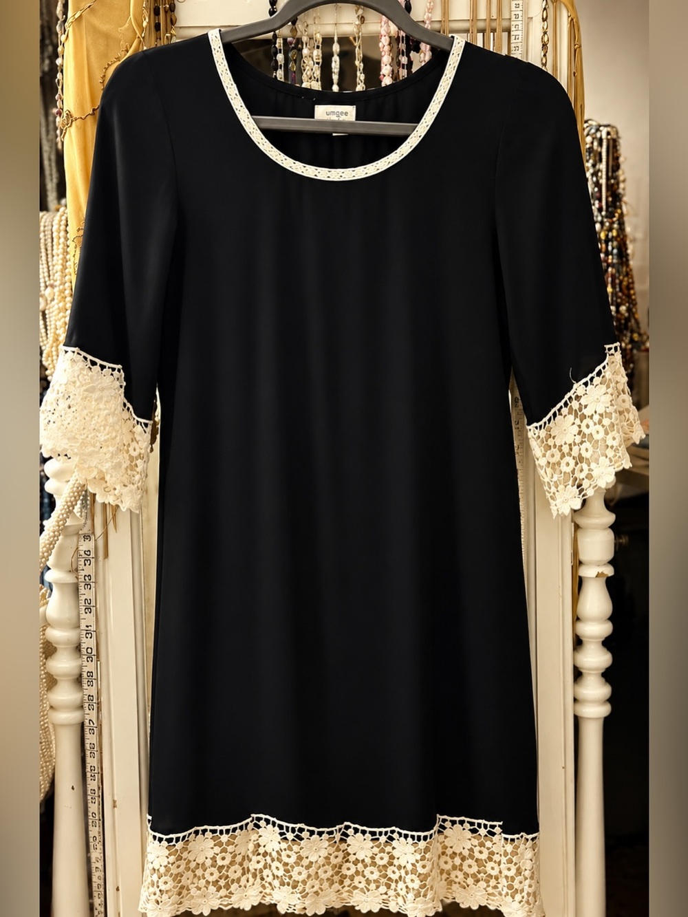 Umgee Black Midi Dress with Cream Lace Accents